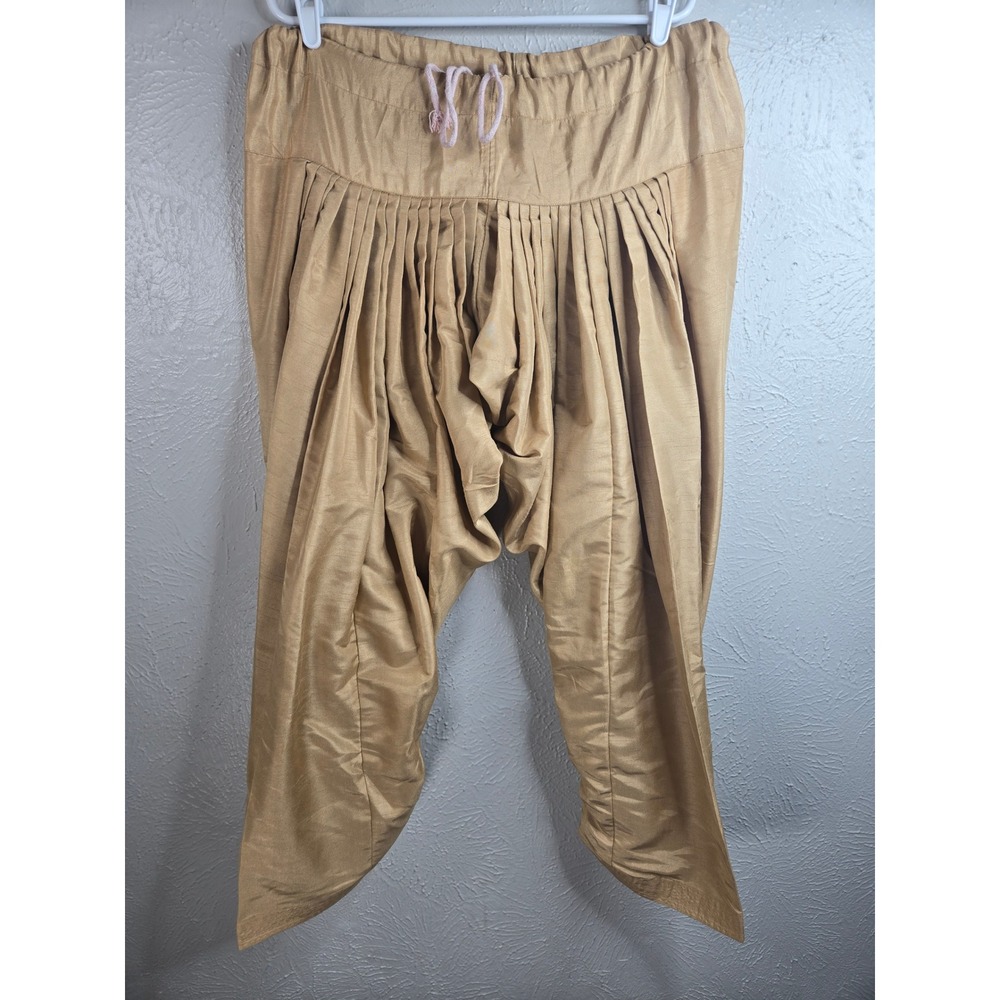 Indian Pleated Dhoti Shalwar Pants 38" Gold Tapered Harem Trouser Ethnic Aladdin